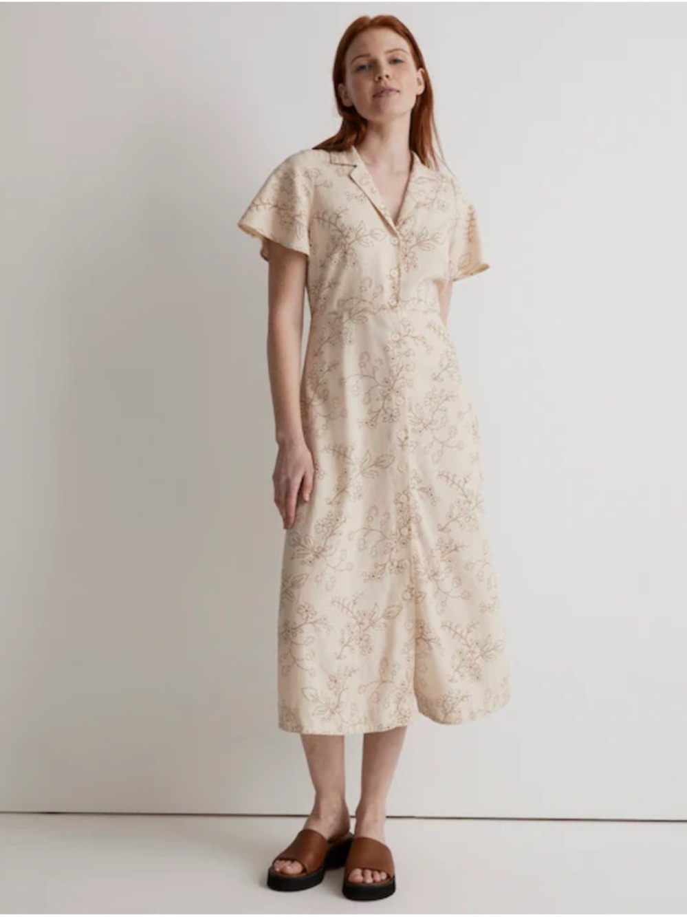 Madewell Cream Floral Button-Front Midi Dress